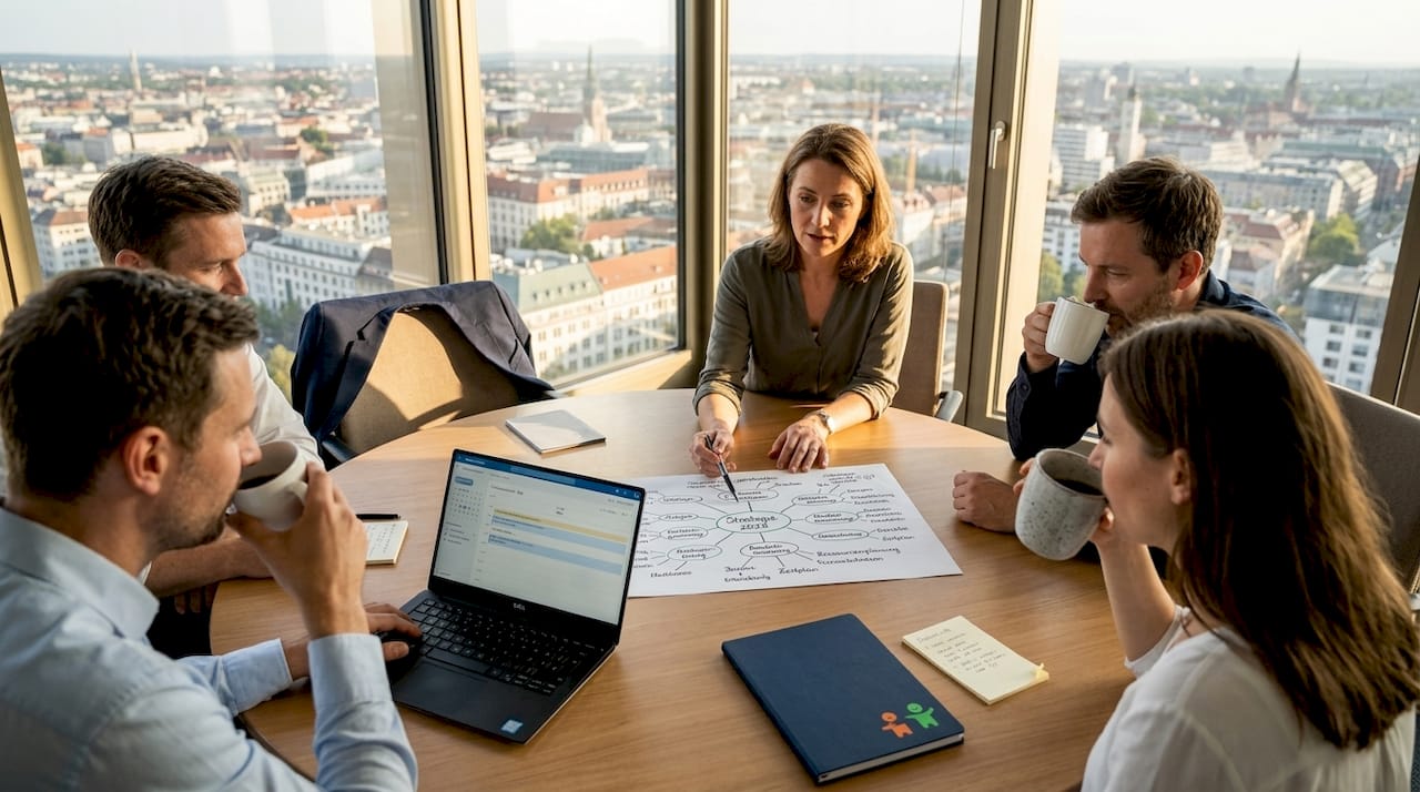 Das Team startet gemeinsam mit einer Besprechung in den Arbeitstag im Büro.