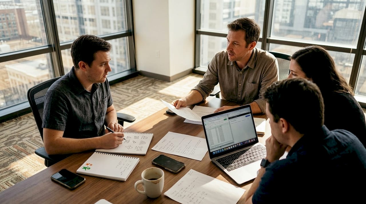 Der Eventmanager organisiert ein Teammeeting im Eckbüro.