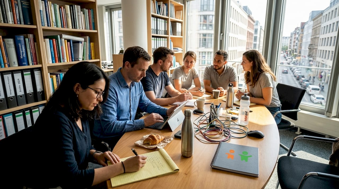 Das Team tauscht sich in lockerer Atmosphäre während eines informellen Meetings im Büro aus.