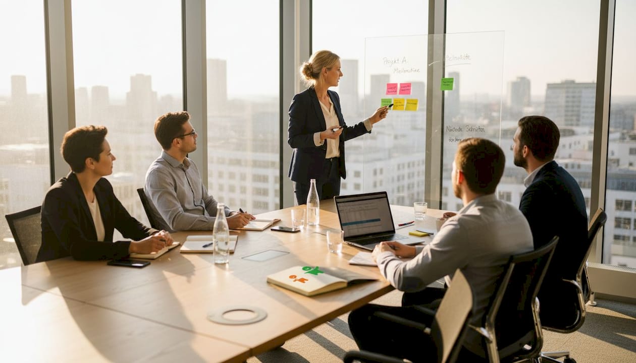 Eine Teamleiterin moderiert eine Besprechung am Whiteboard und führt ihre Kolleginnen und Kollegen durch die wichtigsten Themen.