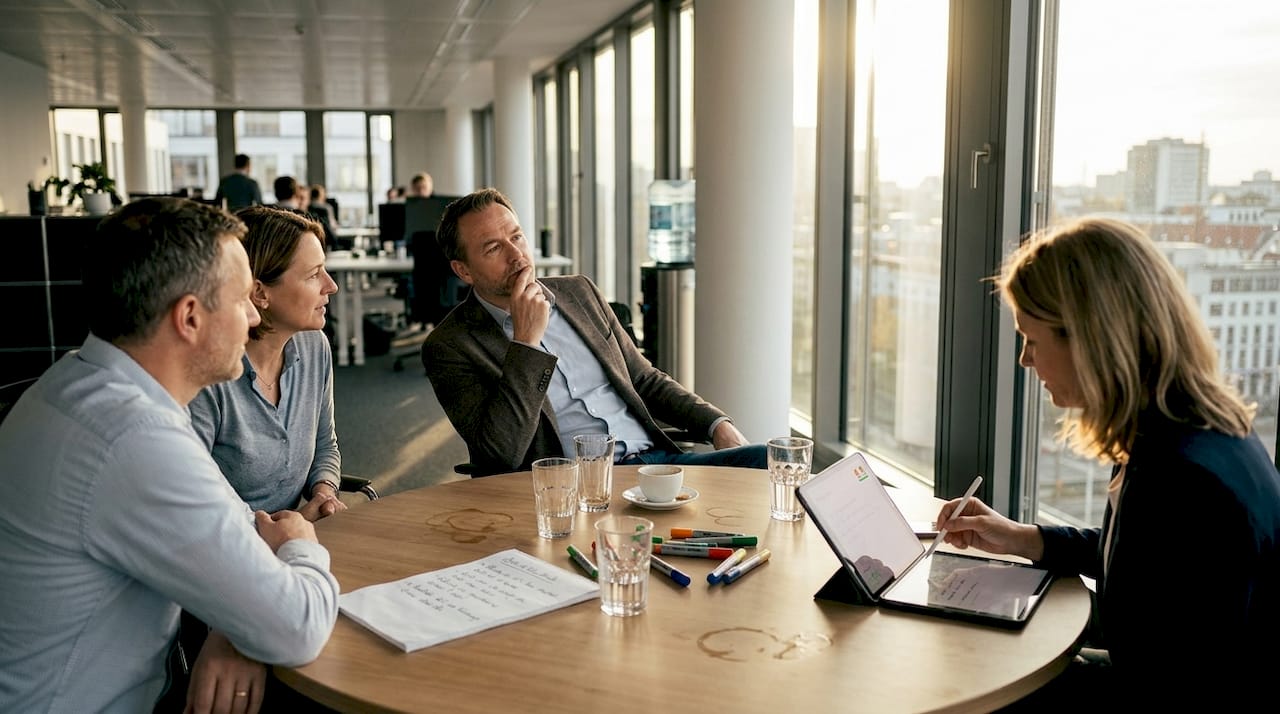 Im Teammeeting tauschen sich die Kollegen intensiv über ihre Ideen aus.