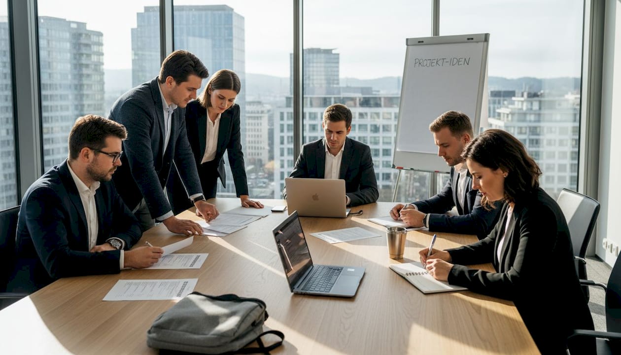 Ein Team arbeitet gemeinsam in einem Besprechungsraum eines mittelständischen Unternehmens.