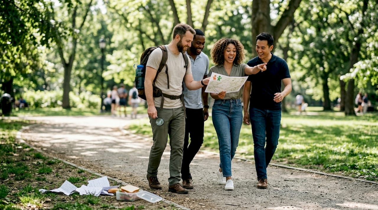 Das Büro-Team geht gemeinsam auf Schatzjagd im Stadtpark
