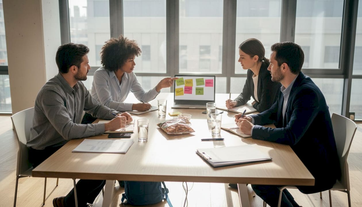 Ein Team tauscht sich locker und ungezwungen am Besprechungstisch im Büro aus.