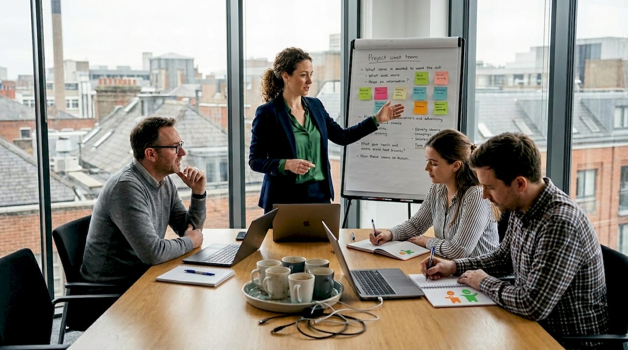 Team-Meeting zur Planung mit Flipchart und Notizzetteln