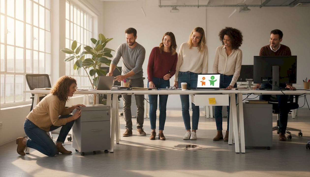 Kolleginnen und Kollegen durchstöbern das Büro auf der Suche nach Hinweisen.