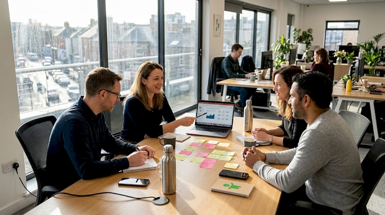 Ein Team sitzt gemeinsam am Konferenztisch und tauscht sich aus, während alle ihre Notizbücher vor sich liegen haben.