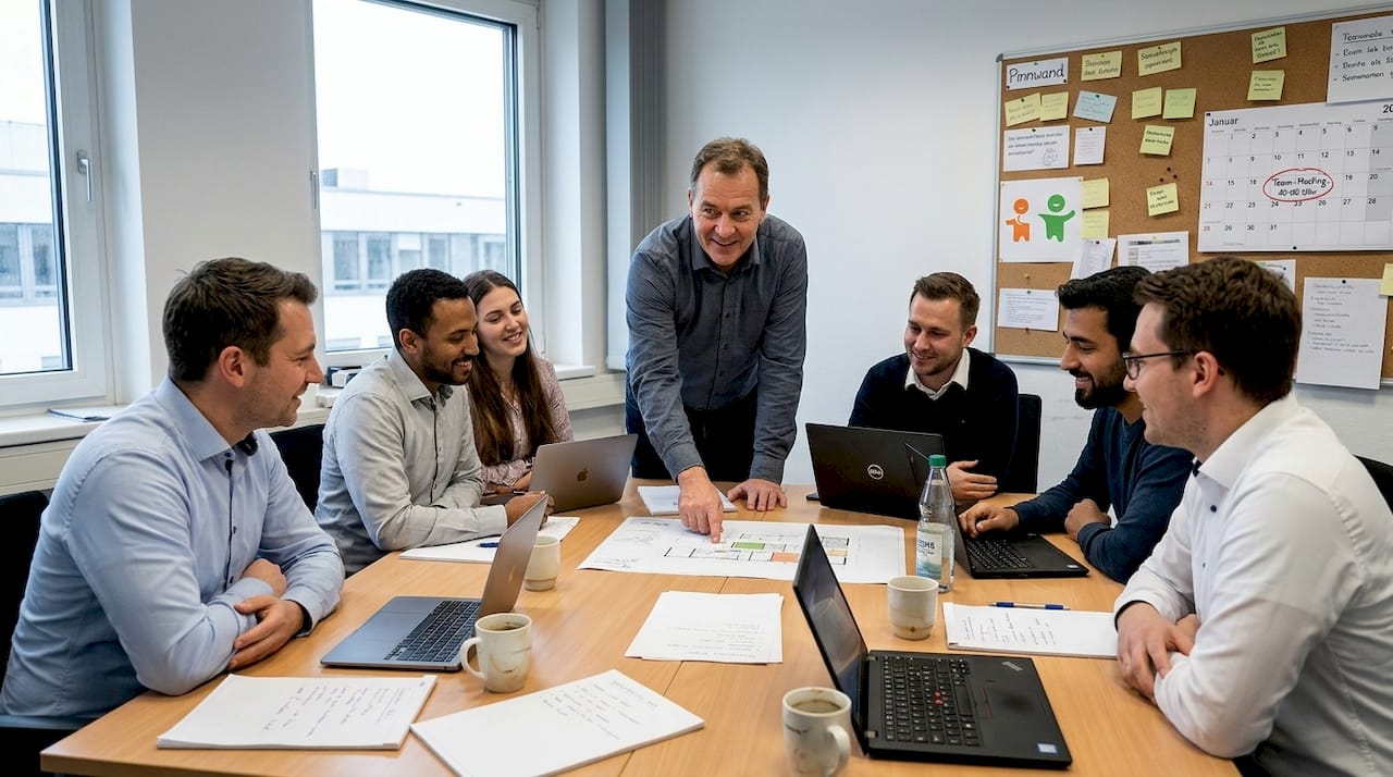 Der Teamleiter bespricht im Meeting den anstehenden Veränderungsprozess.
