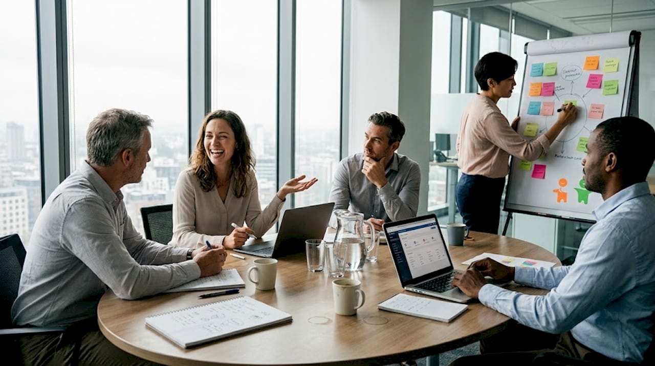 Ein Team arbeitet gemeinsam an einer Kommunikationsübung.