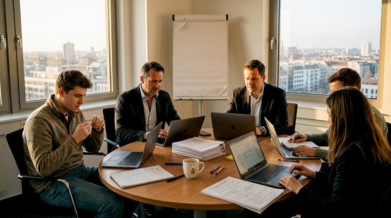 Das Team sitzt gemeinsam im Besprechungsraum am Tisch.