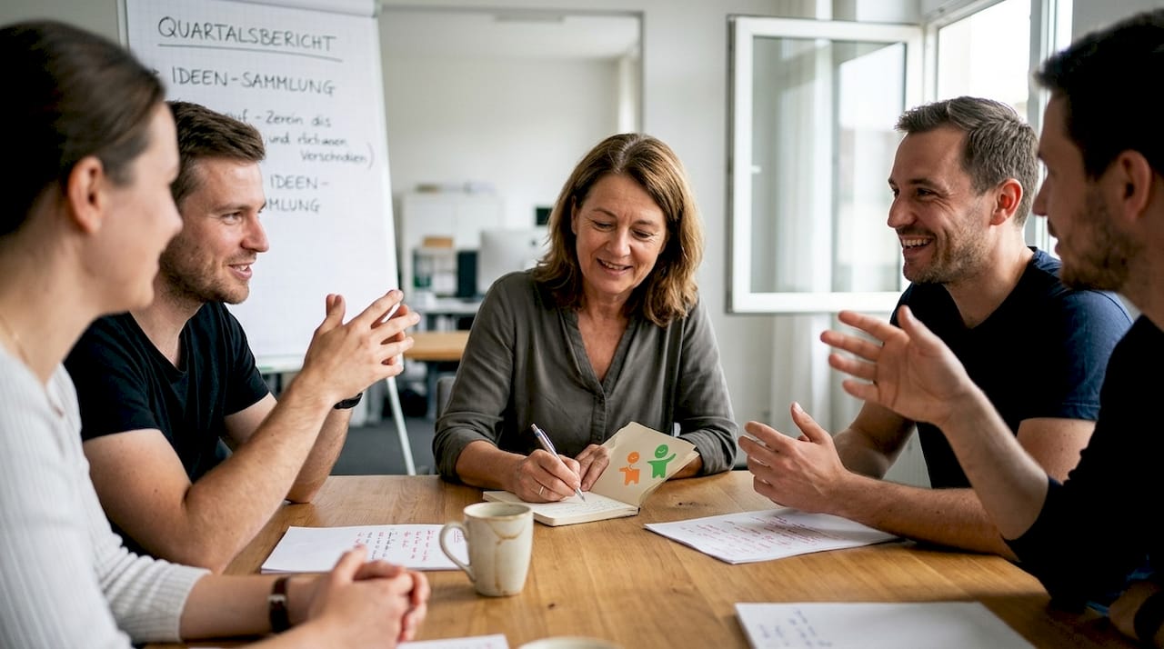 Eine Moderatorin führt das Teamgespräch am Konferenztisch.