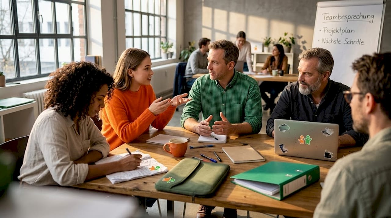 Fünf Kollegen sitzen gemeinsam im Büro und tauschen sich engagiert im Teammeeting aus.