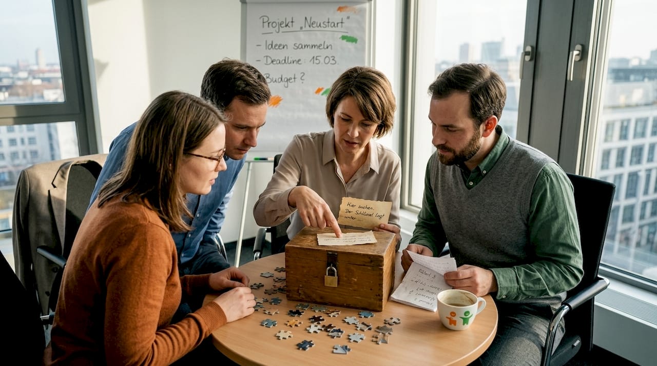 Eine Gruppe tüftelt gemeinsam an kniffligen Rätseln in einem Escape Room.