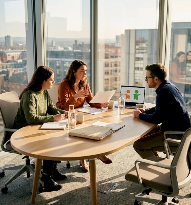Das Team tauscht sich am Besprechungstisch im Büro über wichtige Themen aus.
