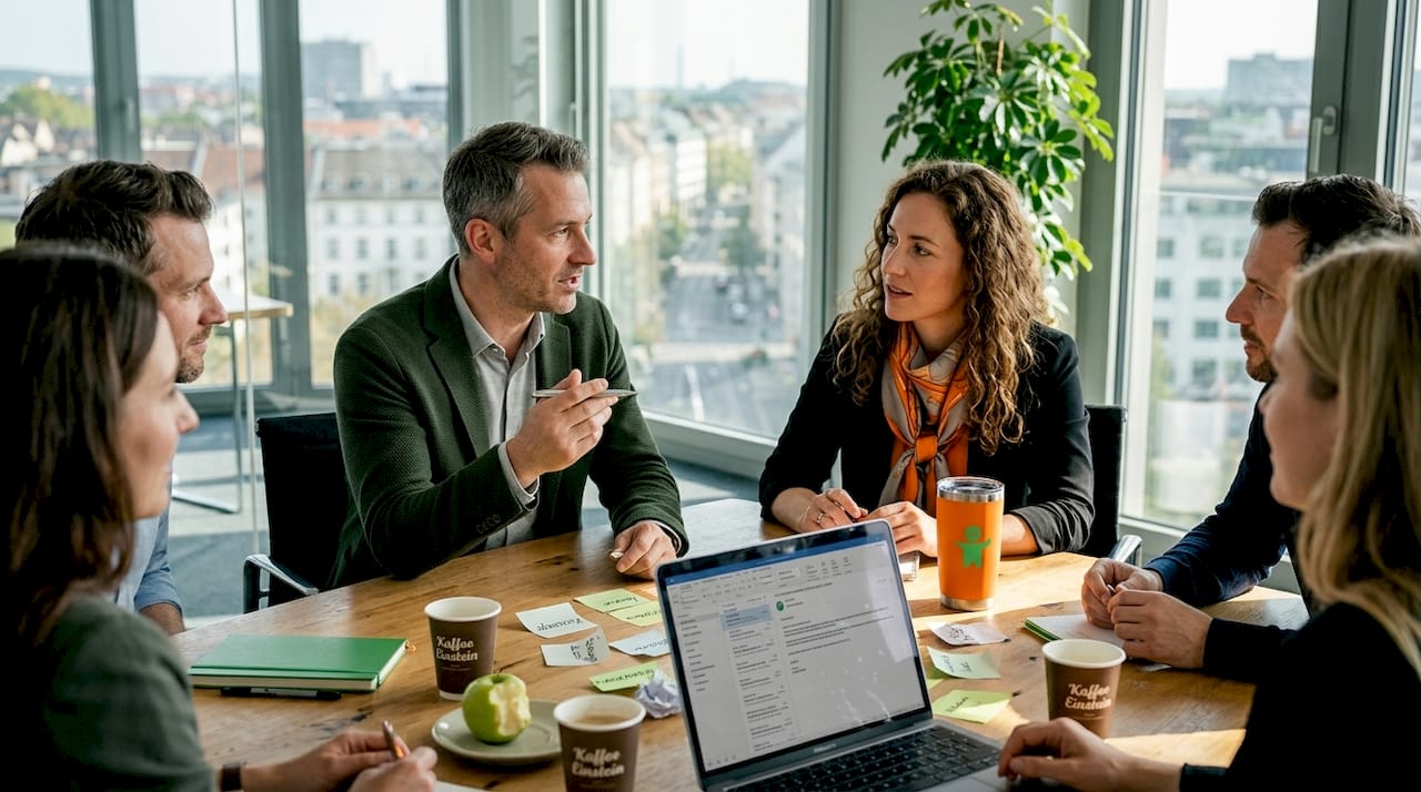 Im Teammeeting tauschen sich die Kollegen darüber aus, wie sie Konflikte gemeinsam lösen können.