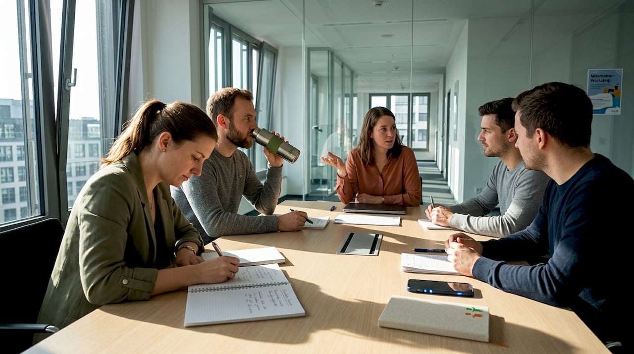 Das Team sitzt gemeinsam am Tisch und bespricht das erhaltene Feedback.