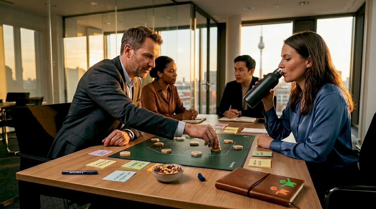 Im Meeting vertiefen sich Kollegen gemeinsam in ein Strategiespiel und fördern dabei Teamgeist und kreatives Denken.