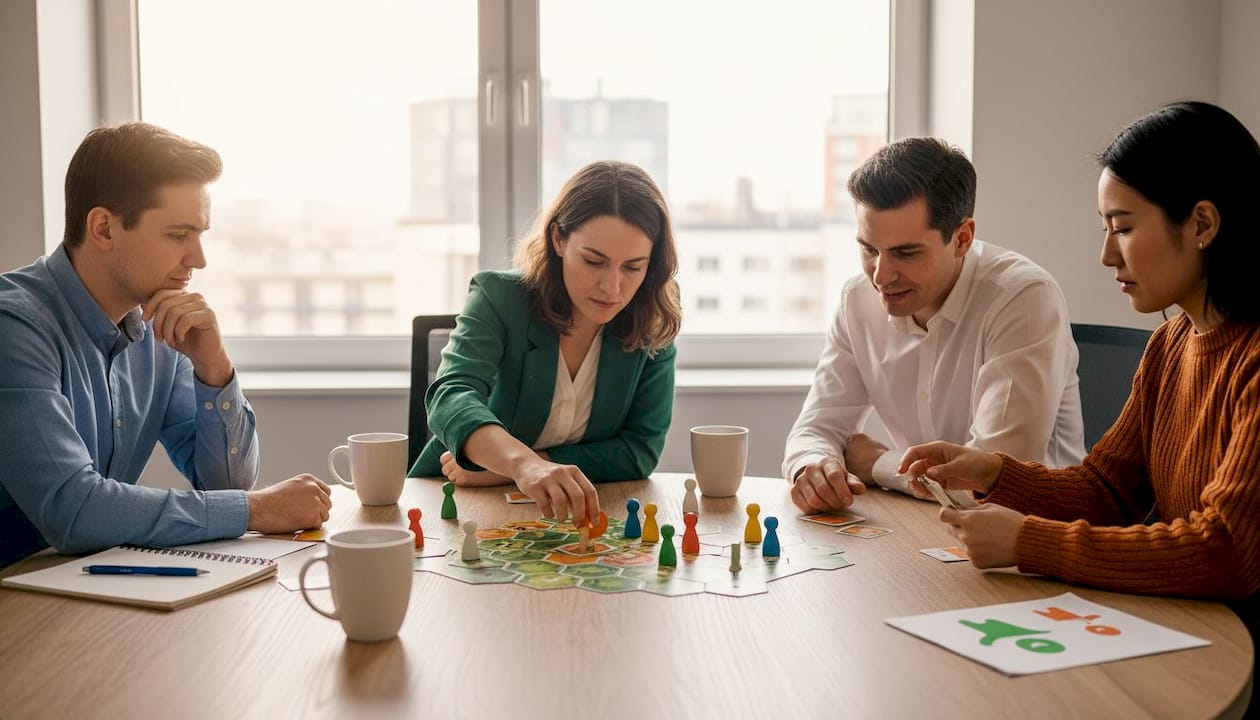 Das Team trifft sich im Besprechungsraum, um gemeinsam ein kooperatives Strategiespiel zu spielen.