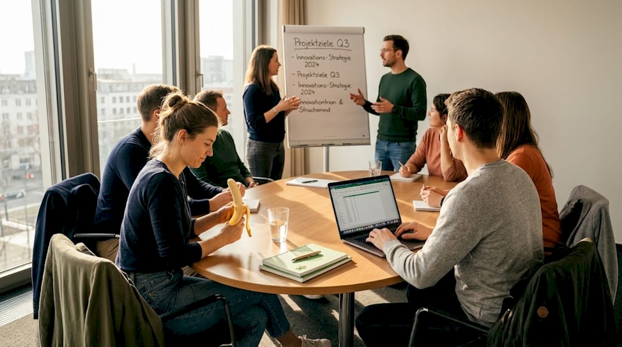 Sechs Kollegen sitzen zusammen am Besprechungstisch und arbeiten als Team an ihren Aufgaben.