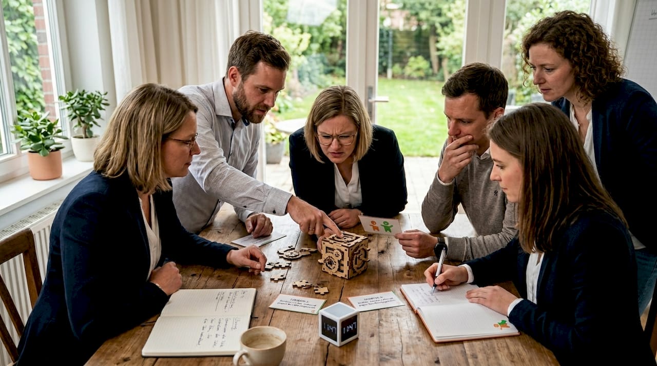 Mitarbeitende lösen gemeinsam knifflige Rätsel im Escape Room.