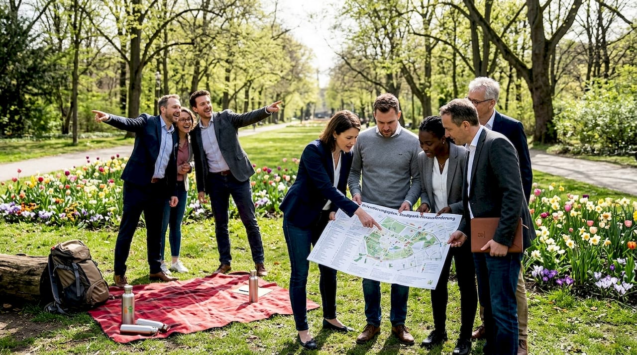Ein Geschäftsteam nutzt das schöne Wetter und arbeitet gemeinsam im Park an neuen Ideen.