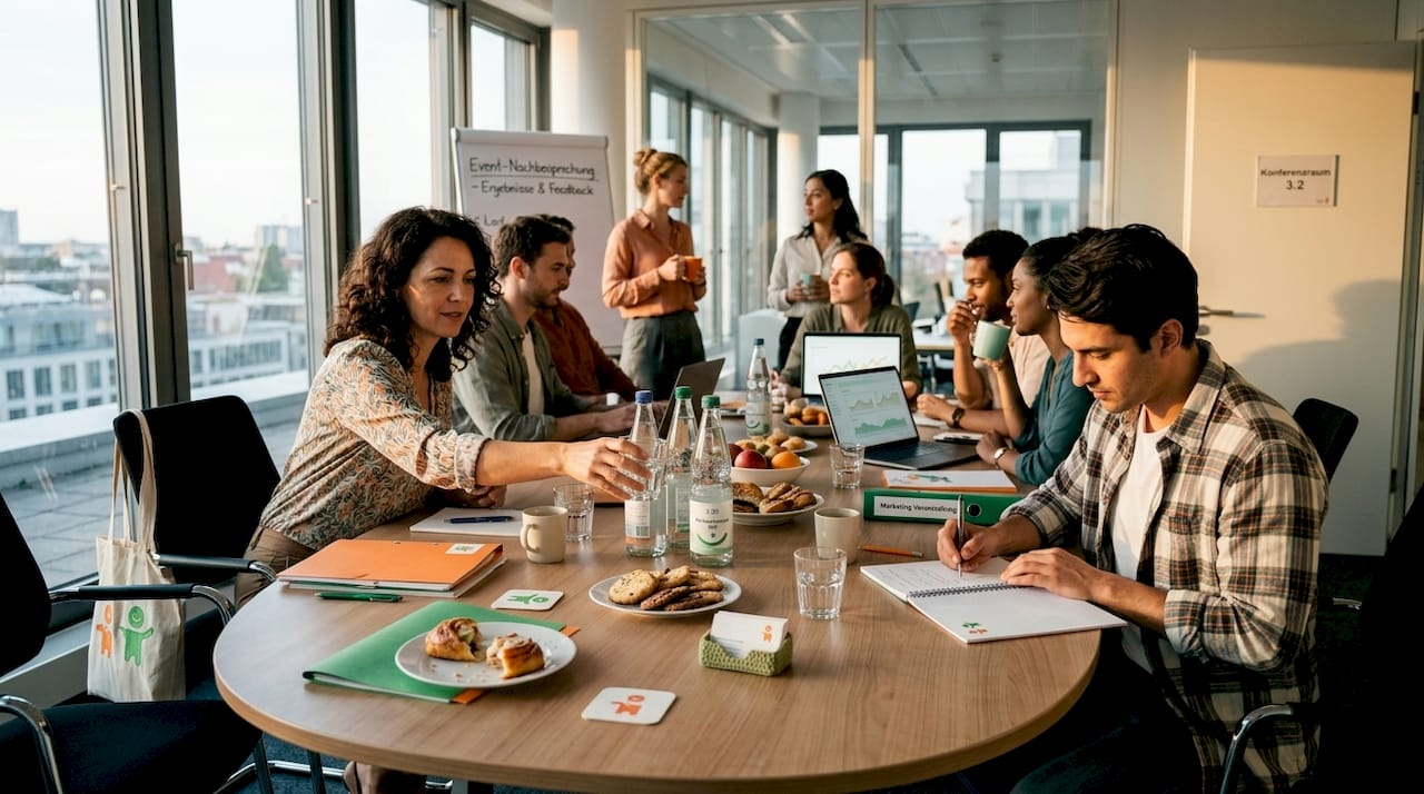 Nach der Veranstaltung trifft sich das Team noch zu einer gemeinsamen Runde im Besprechungsraum des Büros.