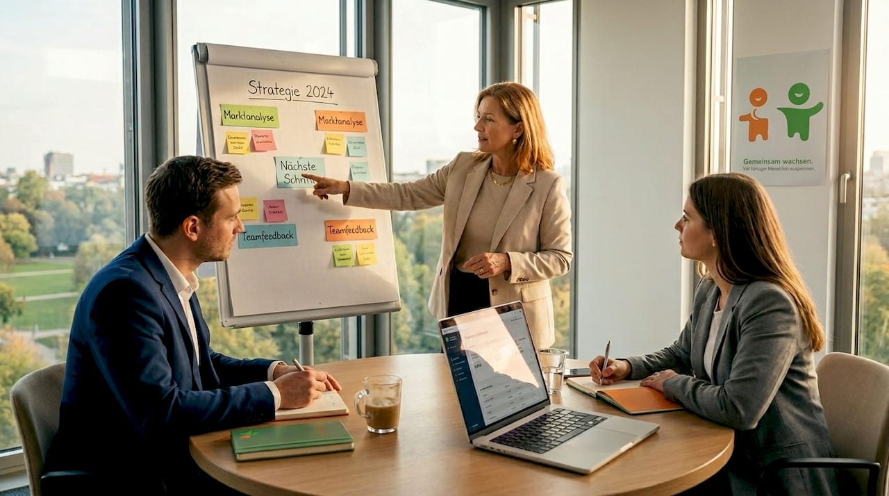 Eine Führungskraft leitet einen Team-Workshop in einem freundlich gestalteten, hellen Büro.