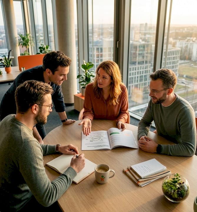 Ein motiviertes Büroteam arbeitet gemeinsam in einem lichtdurchfluteten Besprechungsraum.