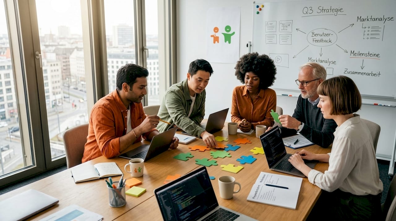 Mitarbeitende arbeiten gemeinsam an einer Teamaufgabe im Büro