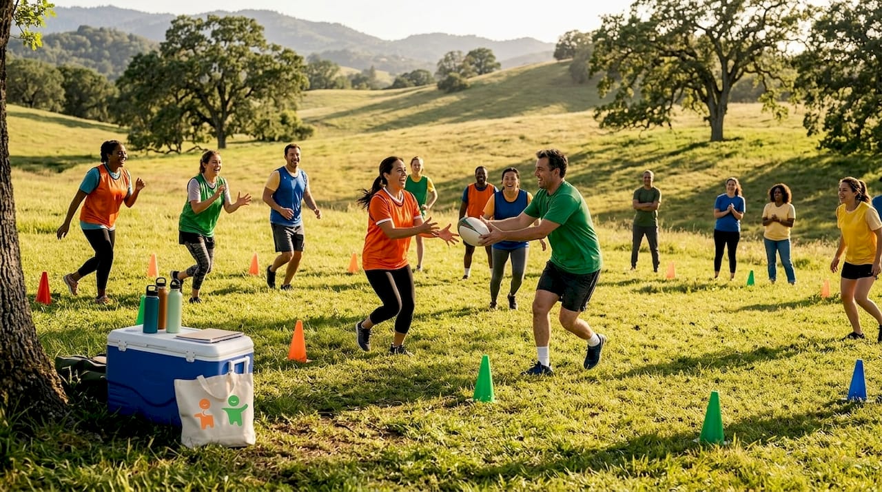 Eine Gruppe trifft sich im Park, um gemeinsam ein Teamspiel an der frischen Luft zu spielen.