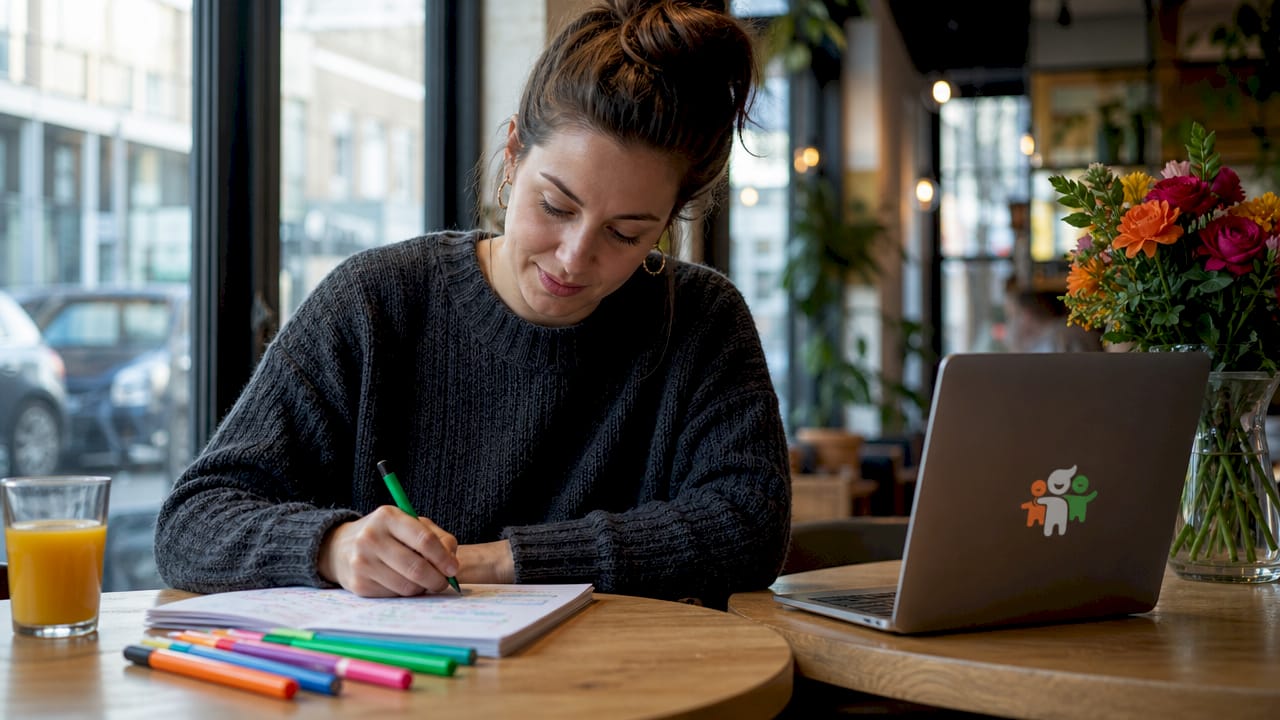 Eine Mitarbeiterin erarbeitet im Büro eine Kommunikationsstrategie und hält ihre Ideen schriftlich fest.