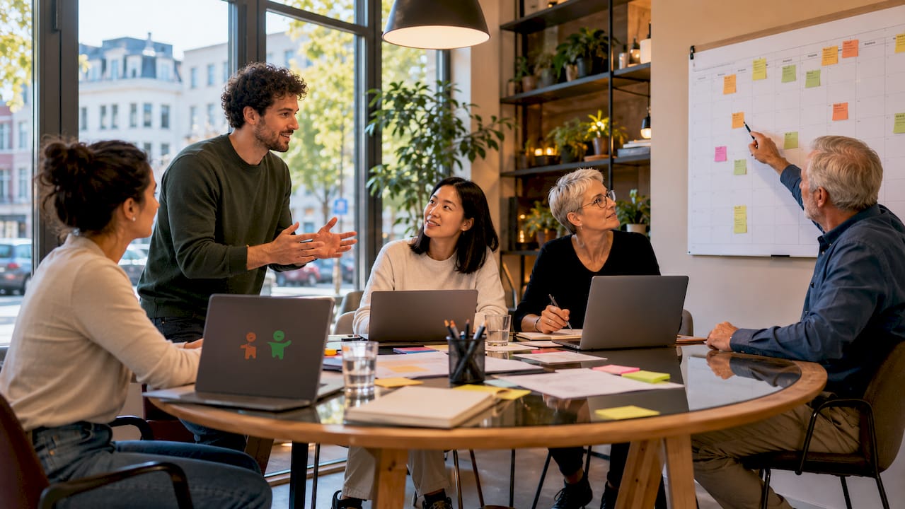 Das Team organisiert das Firmenjubiläum und setzt dabei auf gemeinsame Teambuilding-Aktivitäten.