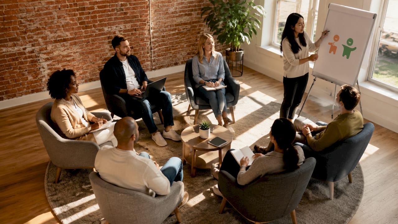 Ein Team tauscht sich im Besprechungsraum über Möglichkeiten zur besseren Zusammenarbeit aus.