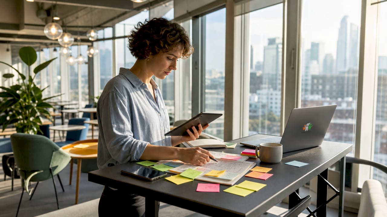 Eine Mitarbeiterin entwickelt einen effizienten digitalen Workflow für die Teamkommunikation.