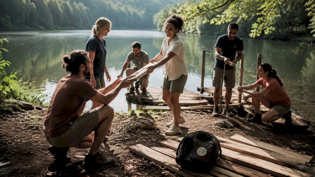 Gemeinsames Floßbauen als Teamevent in der Natur