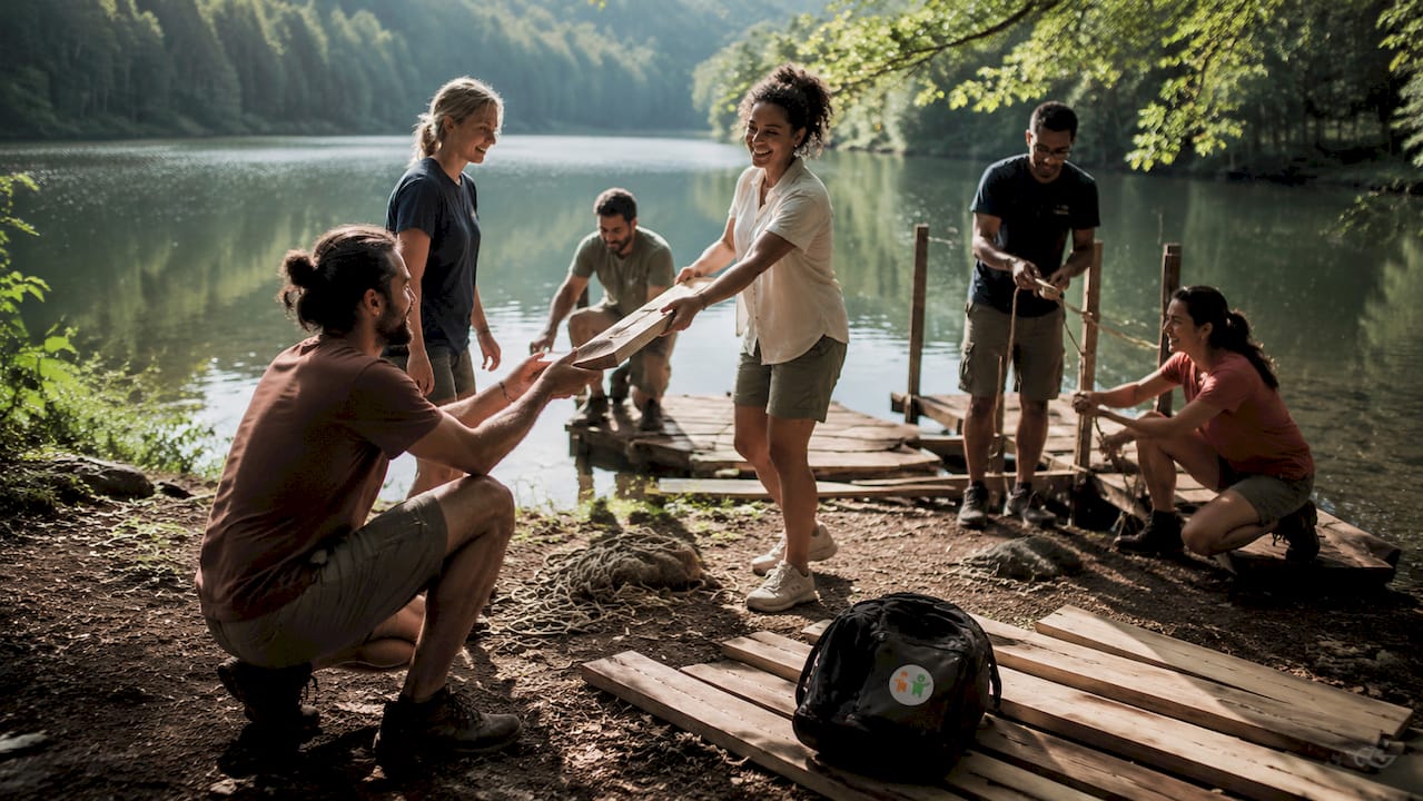Gemeinsames Floßbauen als Teamevent in der Natur