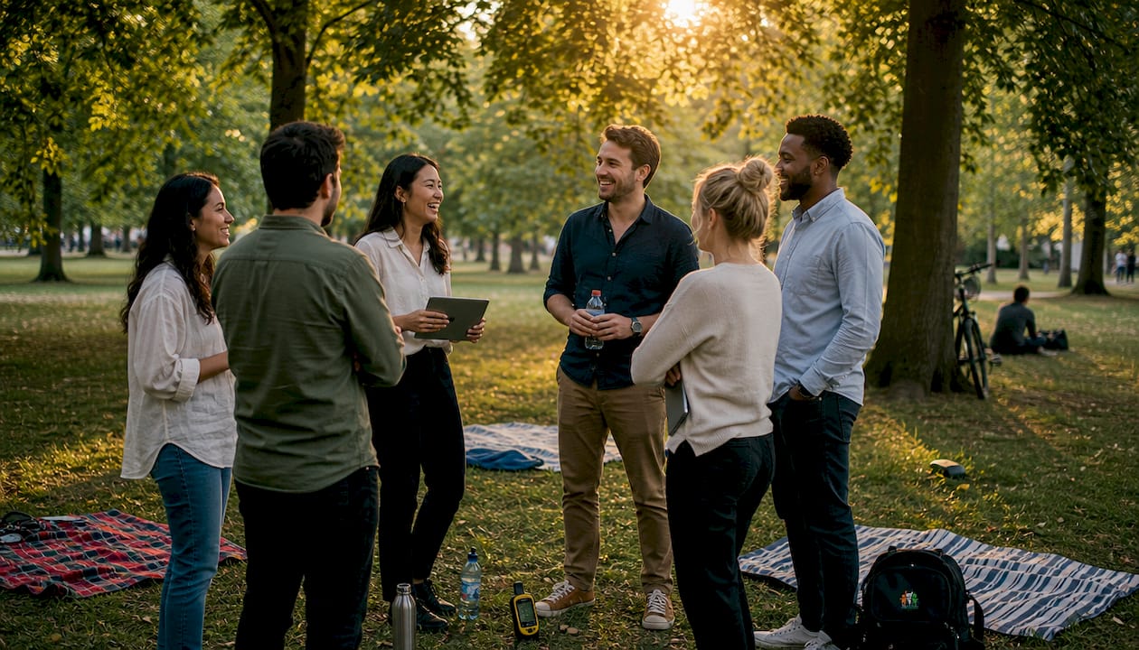 Eine Gruppe beim Teambuilding vor dem Berliner Fernsehturm